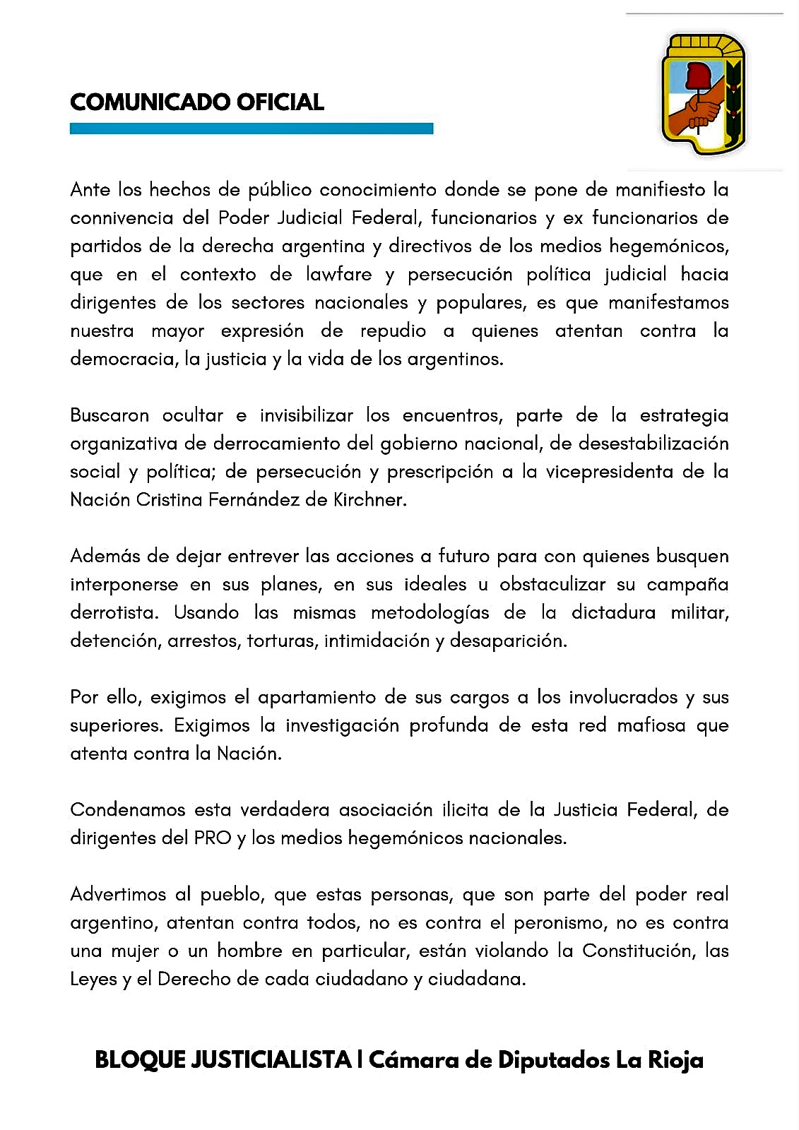 Bloque Justicialista repudió la condena a CFK: 'Están violando la Constitución'